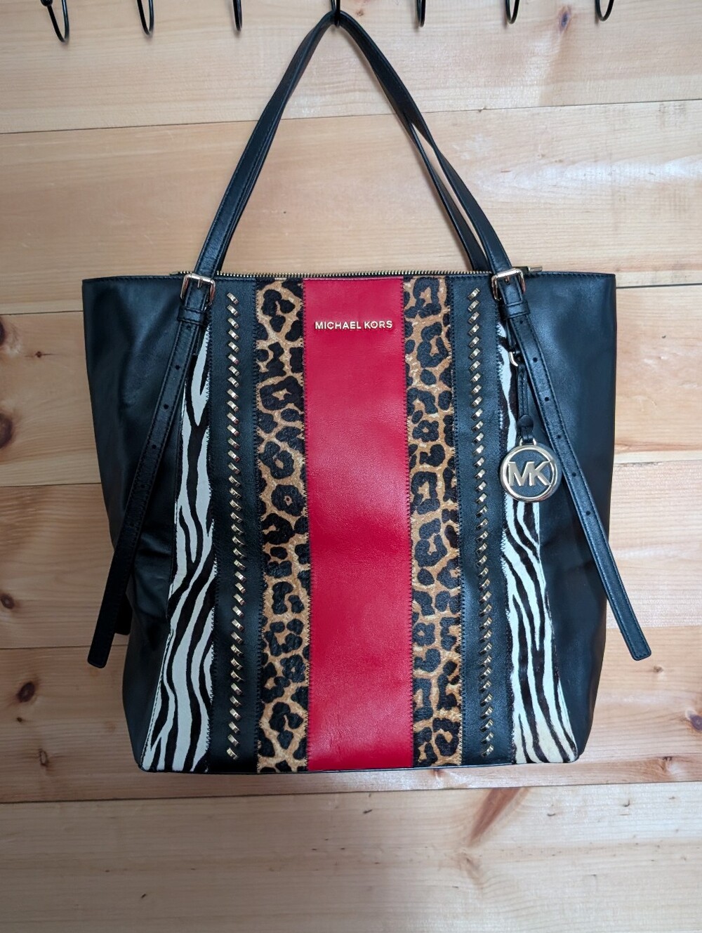 Michael Kors Black Tote with Red Stripe and Animal Print Accents - Picture 2 of 4